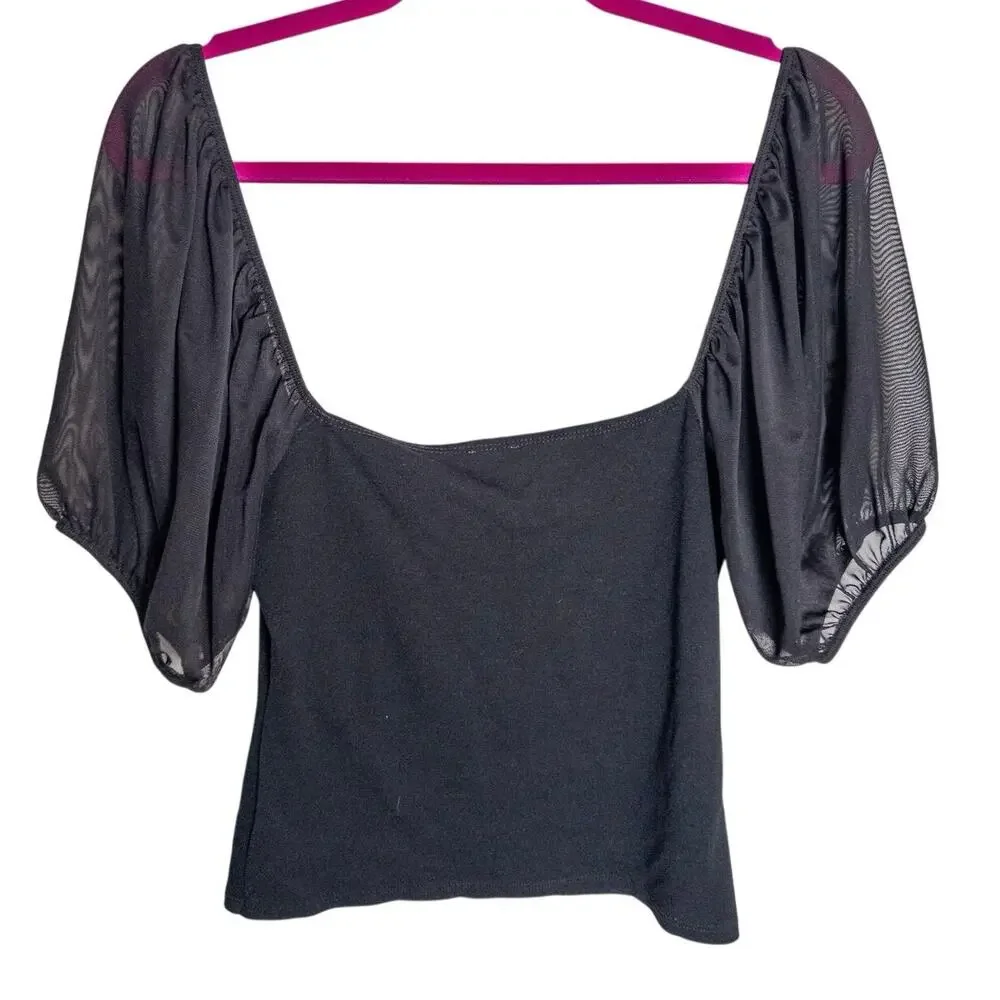 Free People Intimately Black Puff Sleeve Cami Top Size Small Sheer Sleeve